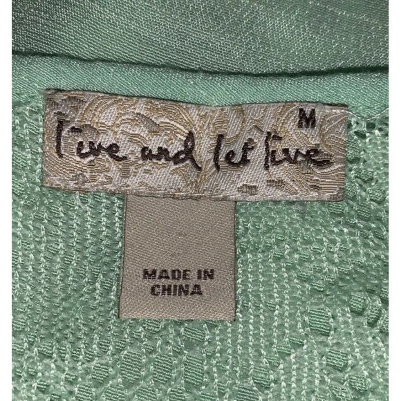 Live And Let Live Sz MEDIUM Tie Hem Tunic Top Rayon Aqua Green Lace Detail EUC - Picture 8 of 10